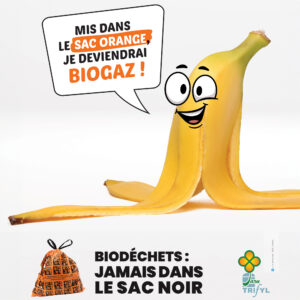 Image d'une peau de banane qui indique qu'elle deviendra biogaz si elle est mise dans le sac de collecte orange